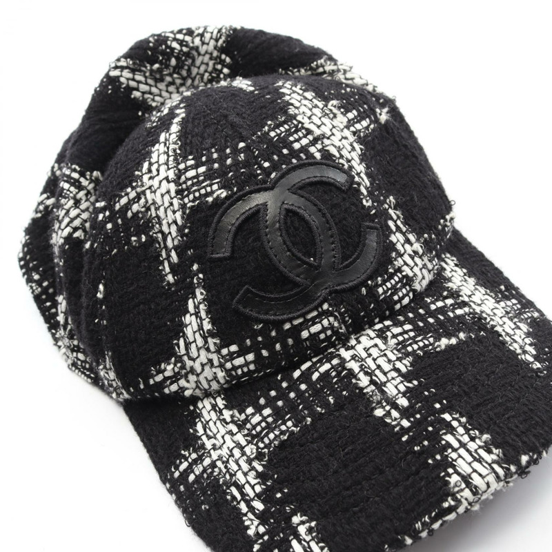 香奈兒 COCO 標誌帽,黑色/白色,二手女款-7