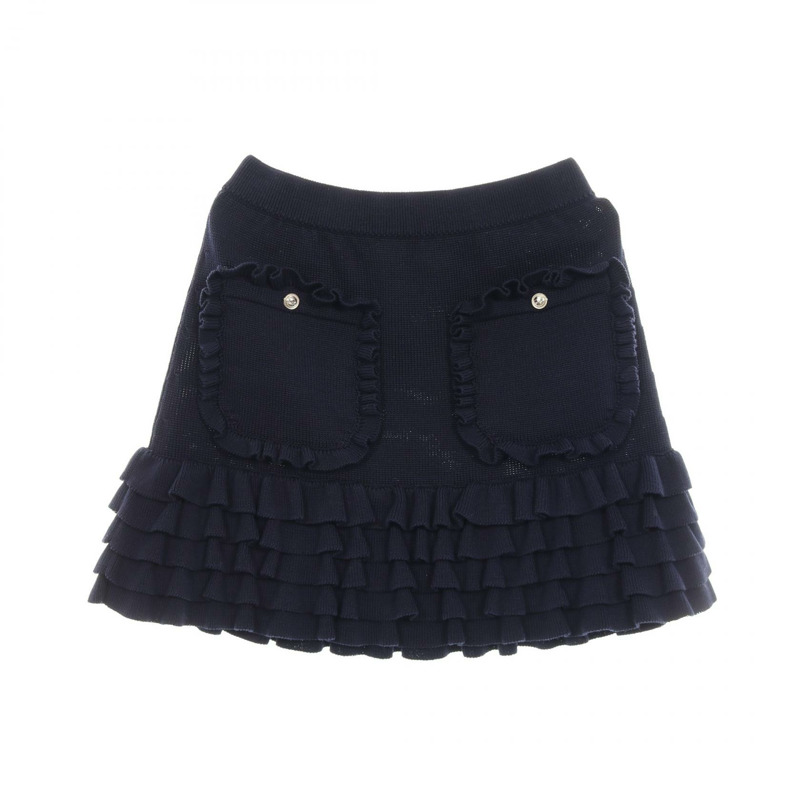 香奈兒 COCO 標誌連結迷你荷葉邊半身棉質海軍藍二手女裝 #38-0