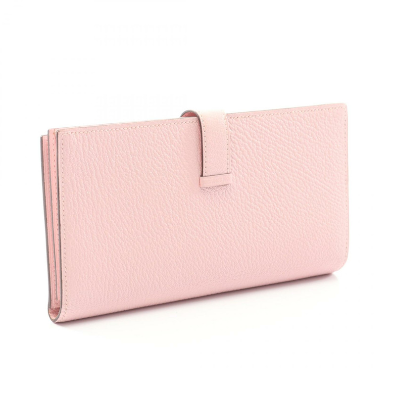 愛馬仕 Bearn Soufflet 雙折皮夾，山羊皮，粉紅色玫瑰櫻花圖案，二手，銀色五金-1