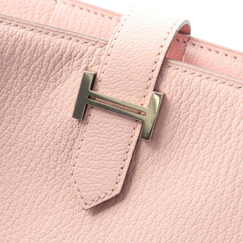 愛馬仕 Bearn Soufflet 雙折皮夾，山羊皮，粉紅色玫瑰櫻花圖案，二手，銀色五金-8