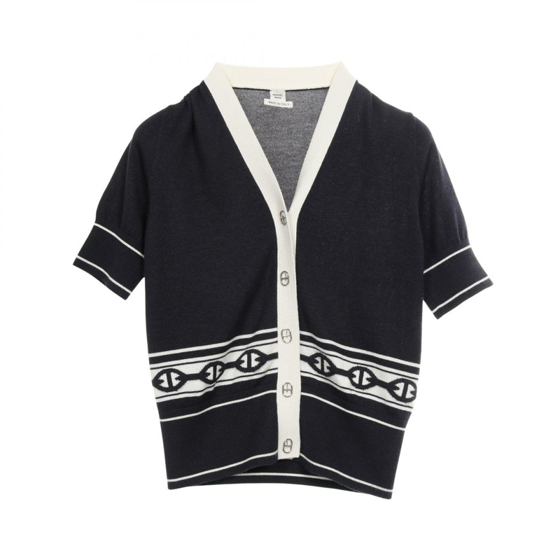 愛馬仕 Chaine dAncre 開襟羊毛衫 #34 針織衫 5E2749DF 真絲羊絨海軍藍米色-0