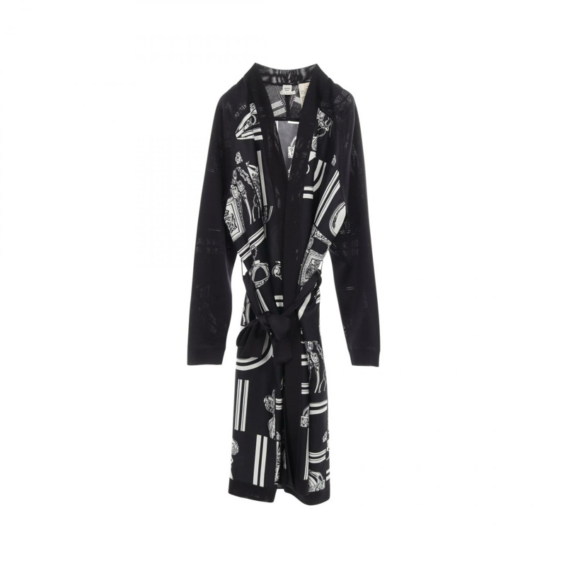 愛馬仕 Twillaine En Desordre Finesse 長版開襟衫 #34 4E2831DQ 絲綢 黑色 二手-0