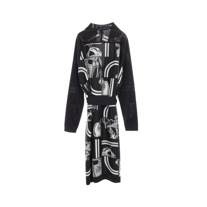 愛馬仕 Twillaine En Desordre Finesse 長版開襟衫 #34 4E2831DQ 絲綢 黑色 二手-1