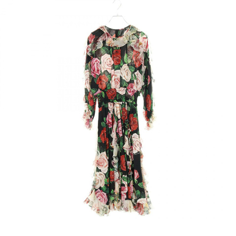 DOLCE & GABBANA 女士絲質長裙，黑色、粉紅色、紅色玫瑰圖案，二手，編號 42
