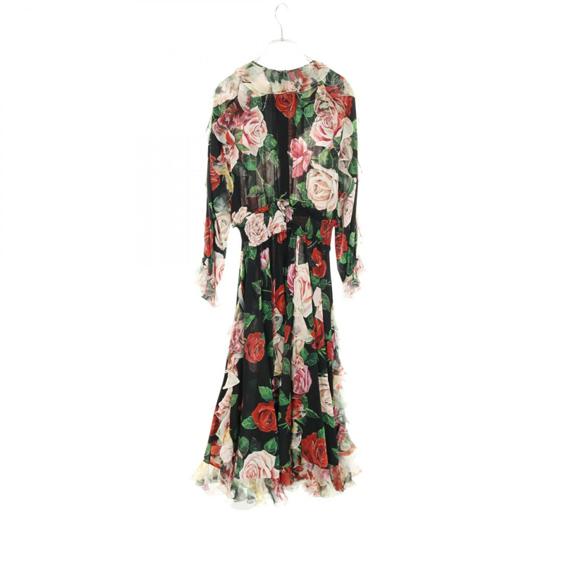 DOLCE & GABBANA 女士絲質長裙,黑色、粉紅色、紅色玫瑰圖案,二手,編號 42-1