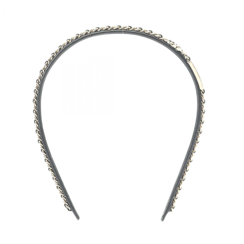 香奈兒 COCO 標誌髮箍 皮革 黑色 金色 二手 女士 CC-1