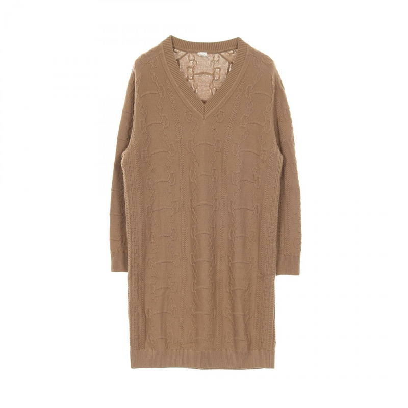 愛馬仕 Chaine dAncre 洋裝 #38 V 領羊毛羊絨混紡卡其色二手女款-0