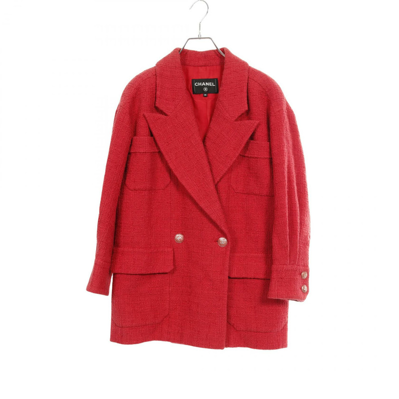 香奈兒 COCO 標誌紐扣斜紋軟呢外套 P72387V63962 棉 紅色 二手 女款-0