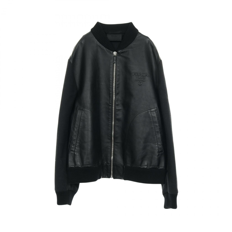 PRADA 壓花logo Blouson #50外套 SGC194 S231 12C7 皮革羊毛 黑色 二手-0