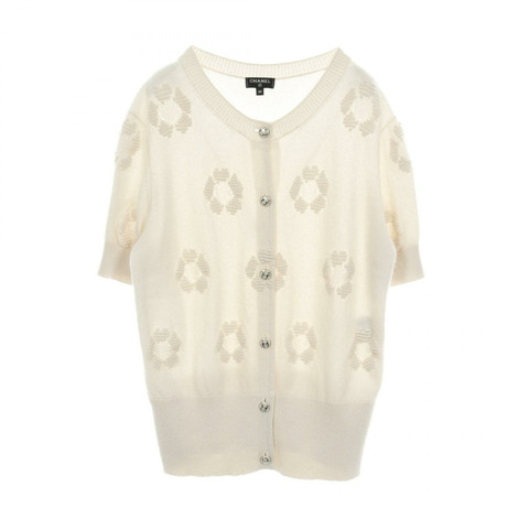 香奈兒山茶花提花半袖開襟針織羊絨衫米色二手 #40