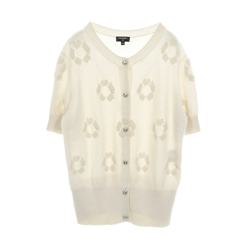 香奈兒山茶花提花半袖開襟針織羊絨衫米色二手 #40-0