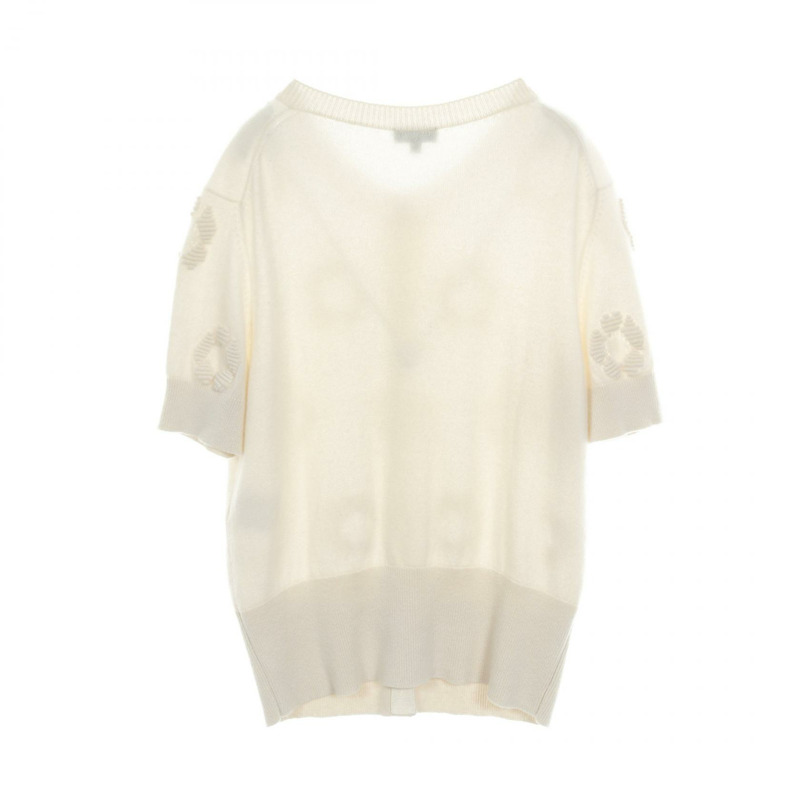 香奈兒山茶花提花半袖開襟針織羊絨衫米色二手 #40-1