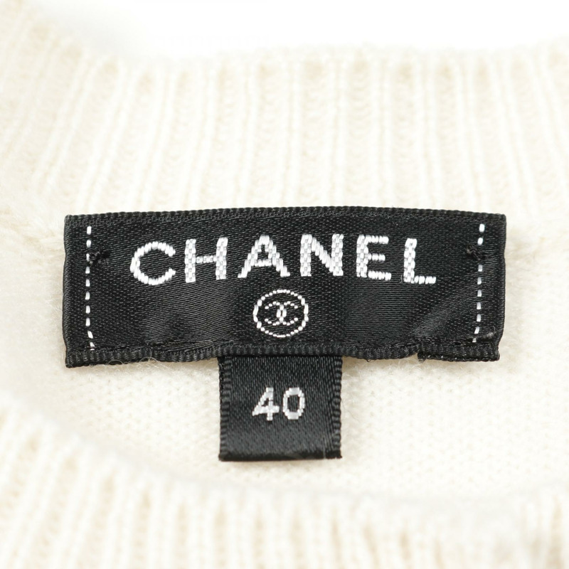 香奈兒山茶花提花半袖開襟針織羊絨衫米色二手 #40-2