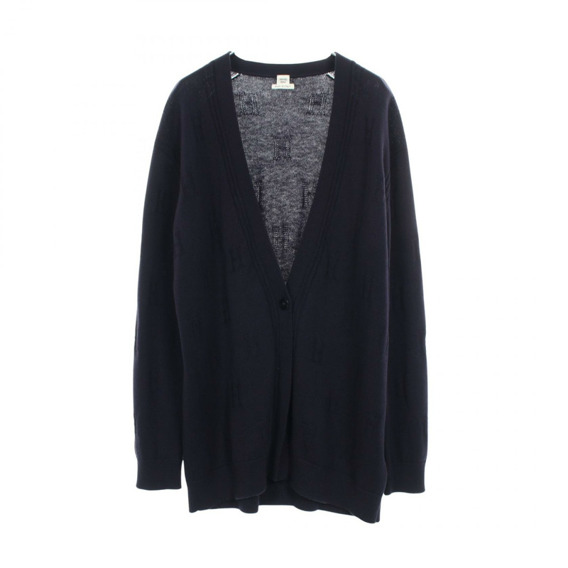 愛馬仕 H 標誌開襟針織衫,羊毛材質,海軍藍,二手女款 #40-0