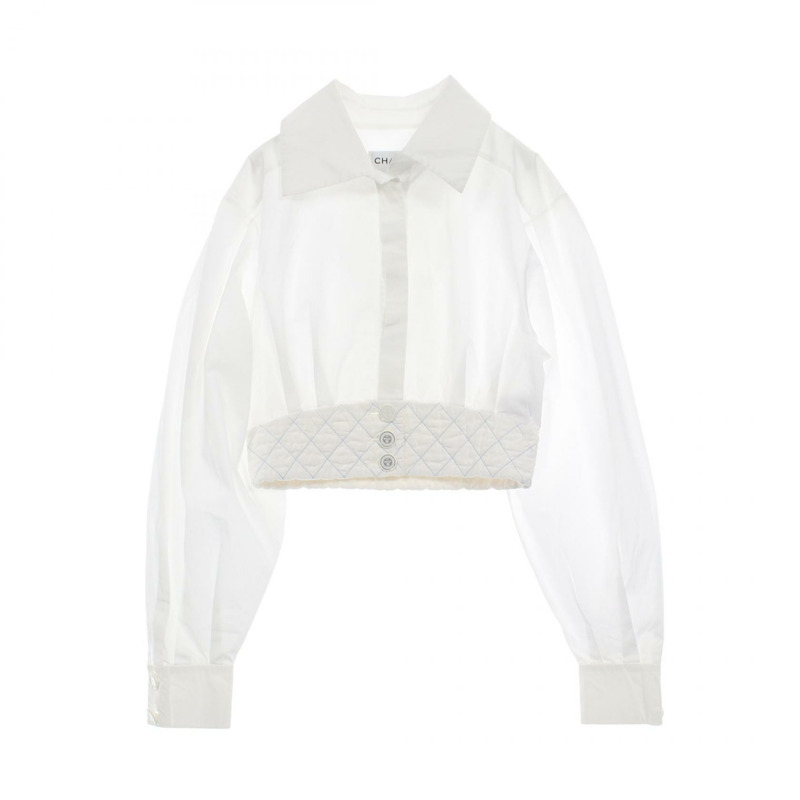 香奈兒 長袖襯衫 短版露臍上衣 純棉 白色 二手 女款 #36-0