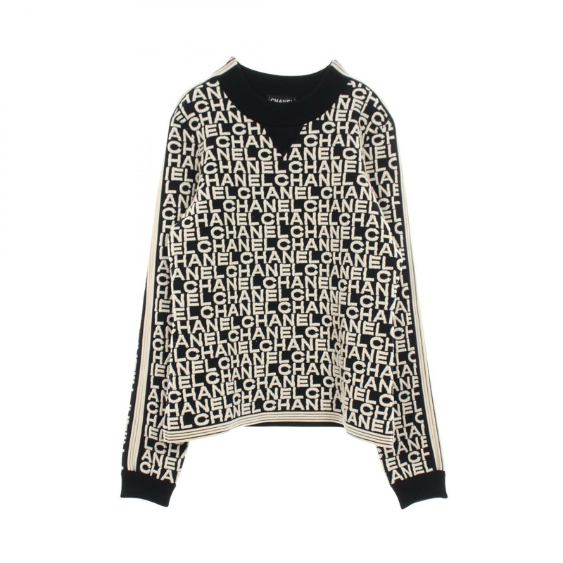 香奈兒針織衫長袖上衣羊毛黑色米色二手女款logo #38-0