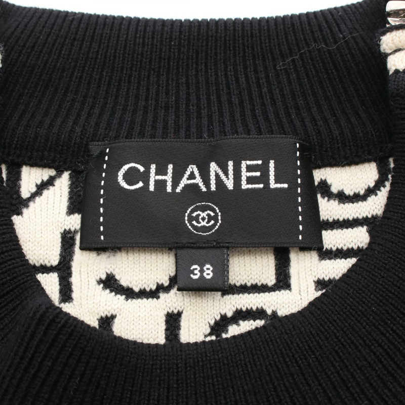香奈兒針織衫長袖上衣羊毛黑色米色二手女款logo #38-2
