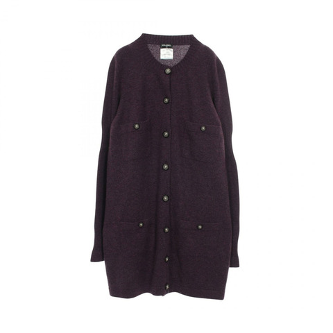 香奈兒 COCO 標誌獅子紐扣長版開襟衫針織羊絨衫紫色二手 #42 CC