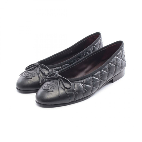 香奈兒 (CHANEL) Ballerina Matelasse COCO Mark 淺口平底鞋 #36C 黑色真皮鞋 二手