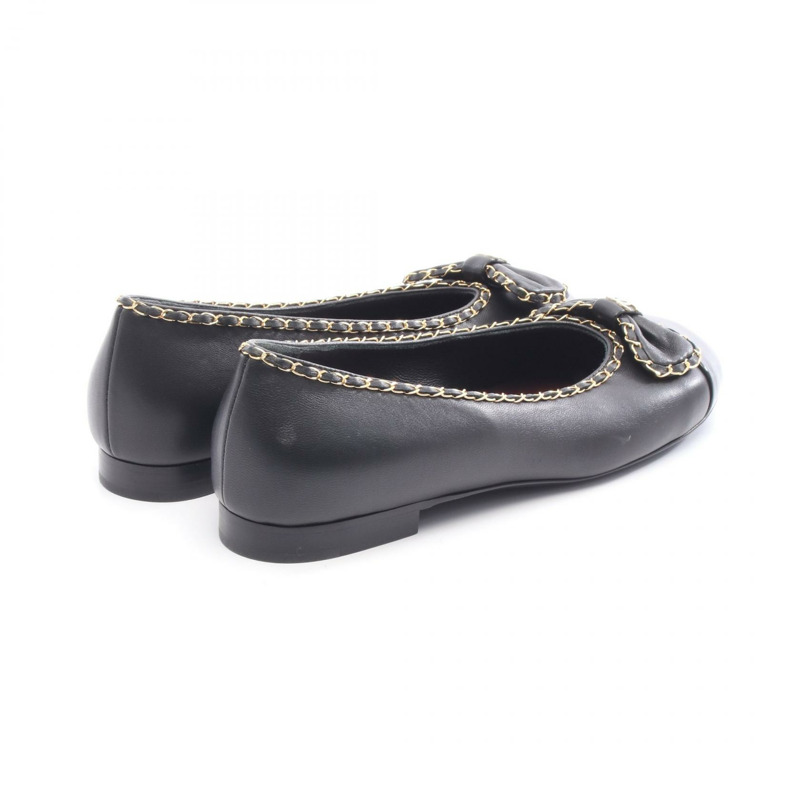 香奈兒 COCO 標誌緞帶平底鞋 #36.5C 黑色漆皮二手女鞋-1