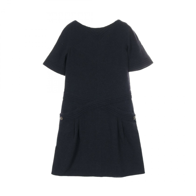 香奈兒 Gripoix 扣款洋裝 短袖 #40 羊毛 海軍藍 二手 女-0