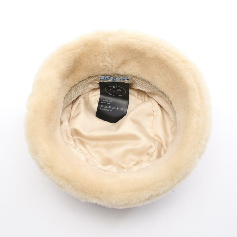PRADA 三角標誌帽 1HC137 米色毛絨二手女款-2
