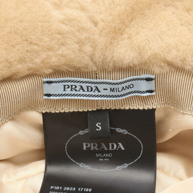 PRADA 三角標誌帽 1HC137 米色毛絨二手女款-3