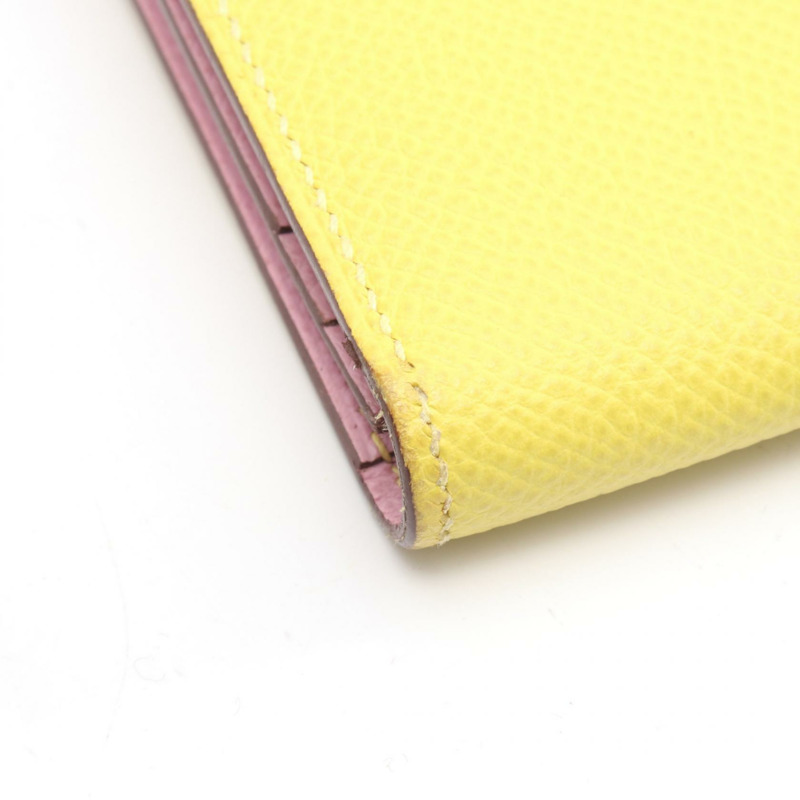 愛馬仕 Bearn Soufflet Verso 雙折皮夾，Epsom 皮革，黃色/粉紅色，二手，D SHW-9