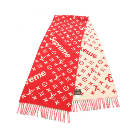 LOUIS VUITTON x Supreme 聯名圍巾 MP1890 Monogram 羊毛羊絨混紡 紅色 米色 二手
