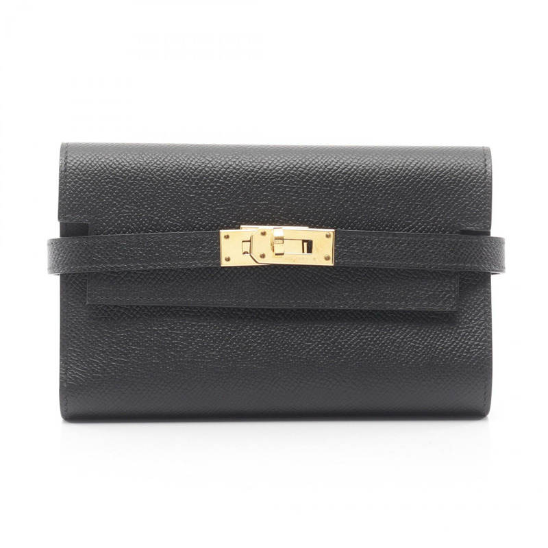 愛馬仕 Kelly 中型三折皮夾,C Epsom 皮革,黑色,二手,女士,金色五金-0