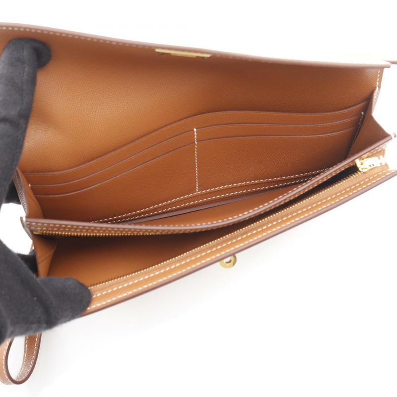 愛馬仕 Kelly Pocket 長金色對折皮夾,W Madame 皮革,棕色 GHW-2