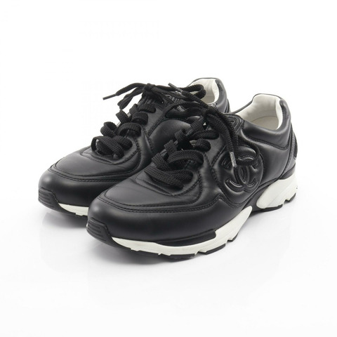 香奈兒 COCO 標誌運動鞋，黑色白色，二手，女士皮革，logo #38 CC