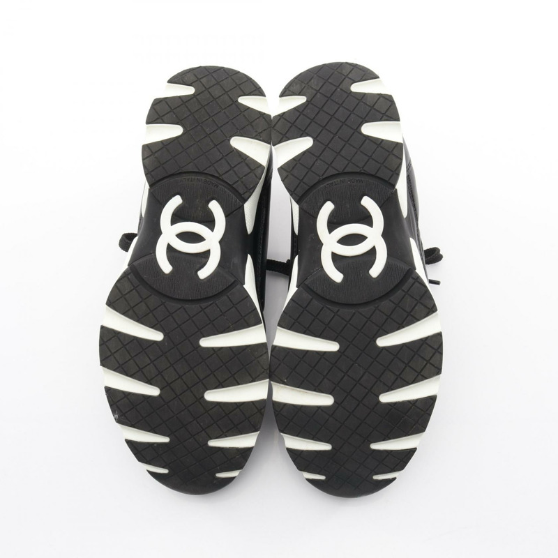 香奈兒 COCO 標誌運動鞋,黑色白色,二手,女士皮革,logo #38 CC-3