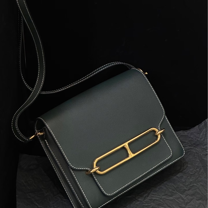 賠售特價 HERMES愛馬仕近全新ROULIS 23 豬鼻子方形斜背包 英國綠+淡金釦 X刻 2016-0