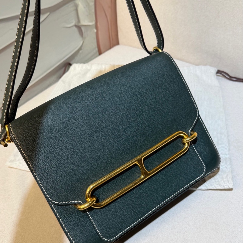 賠售特價 HERMES愛馬仕近全新ROULIS 23 豬鼻子方形斜背包 英國綠+淡金釦 X刻 2016-1