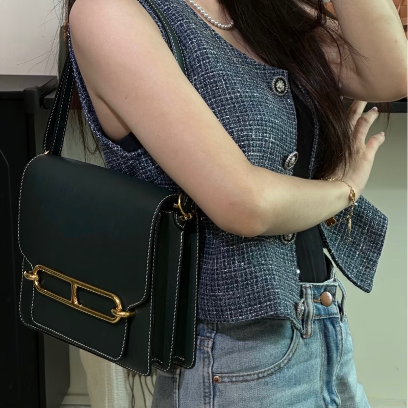 賠售特價 HERMES愛馬仕近全新ROULIS 23 豬鼻子方形斜背包 英國綠+淡金釦 X刻 2016-3