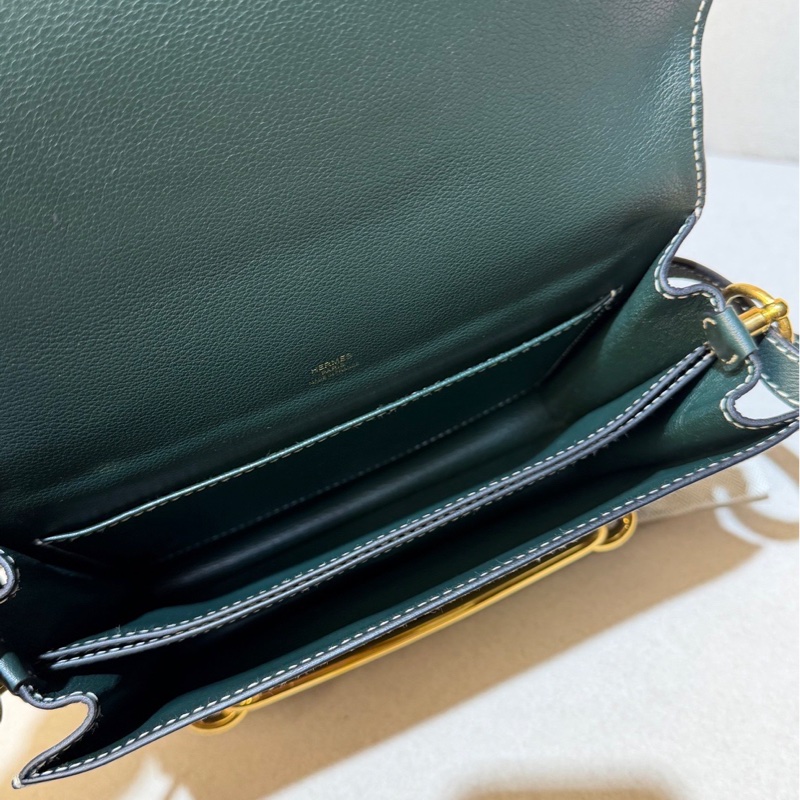 賠售特價 HERMES愛馬仕近全新ROULIS 23 豬鼻子方形斜背包 英國綠+淡金釦 X刻 2016-4