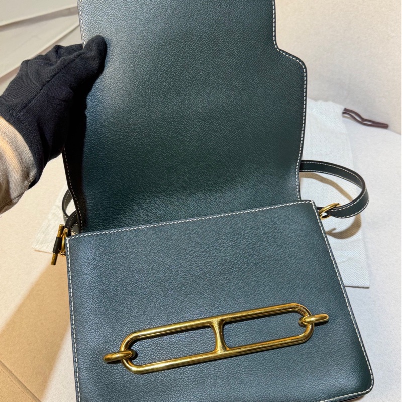 賠售特價 HERMES愛馬仕近全新ROULIS 23 豬鼻子方形斜背包 英國綠+淡金釦 X刻 2016-5