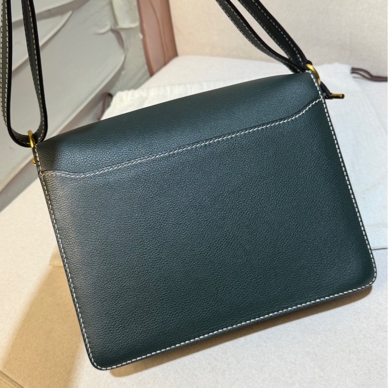 賠售特價 HERMES愛馬仕近全新ROULIS 23 豬鼻子方形斜背包 英國綠+淡金釦 X刻 2016-7