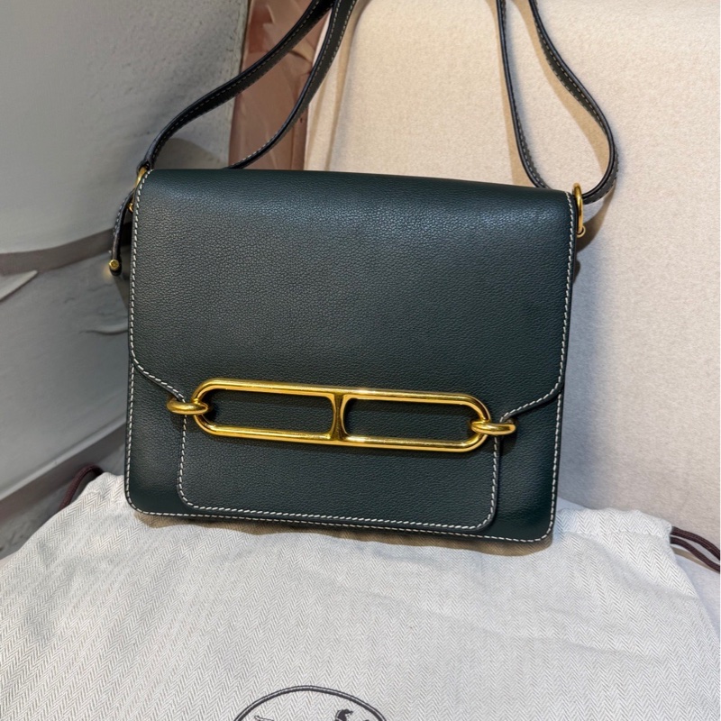 賠售特價 HERMES愛馬仕近全新ROULIS 23 豬鼻子方形斜背包 英國綠+淡金釦 X刻 2016-8