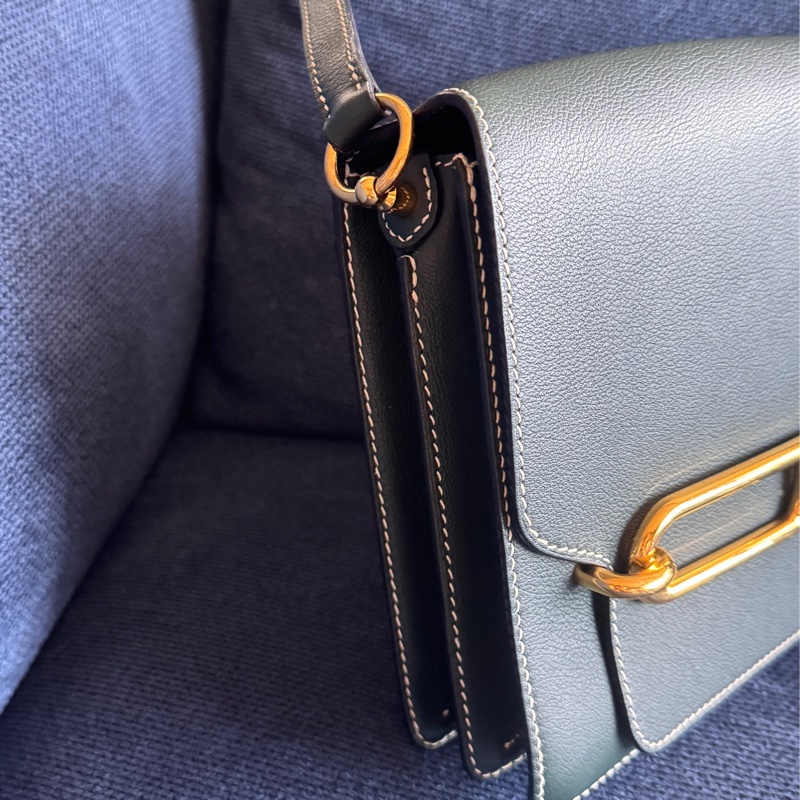 賠售特價 HERMES愛馬仕近全新ROULIS 23 豬鼻子方形斜背包 英國綠+淡金釦 X刻 2016-14