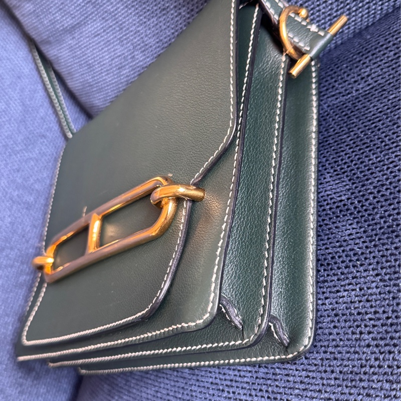 賠售特價 HERMES愛馬仕近全新ROULIS 23 豬鼻子方形斜背包 英國綠+淡金釦 X刻 2016-15