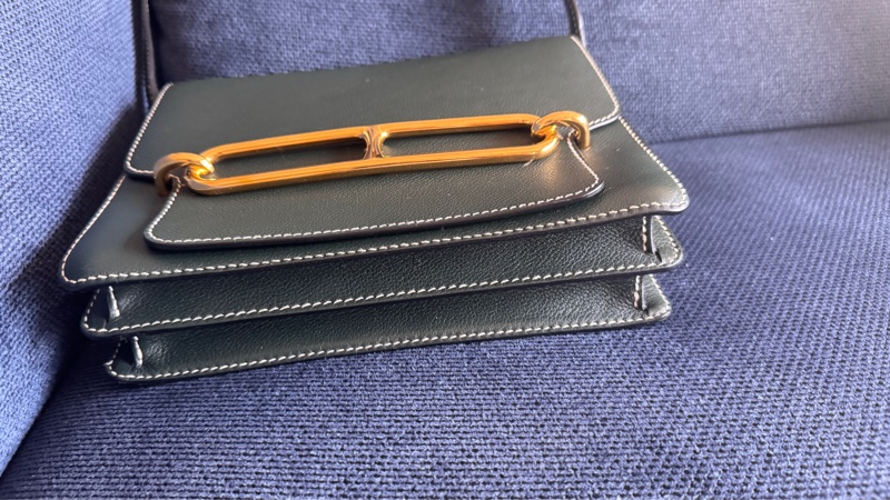 賠售特價 HERMES愛馬仕近全新ROULIS 23 豬鼻子方形斜背包 英國綠+淡金釦 X刻 2016-16