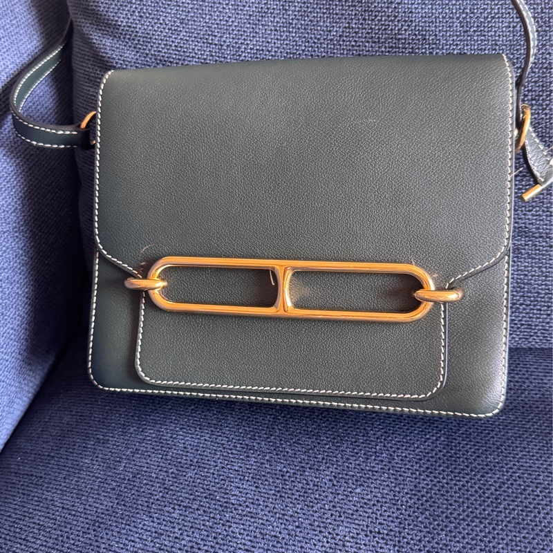 賠售特價 HERMES愛馬仕近全新ROULIS 23 豬鼻子方形斜背包 英國綠+淡金釦 X刻 2016-17