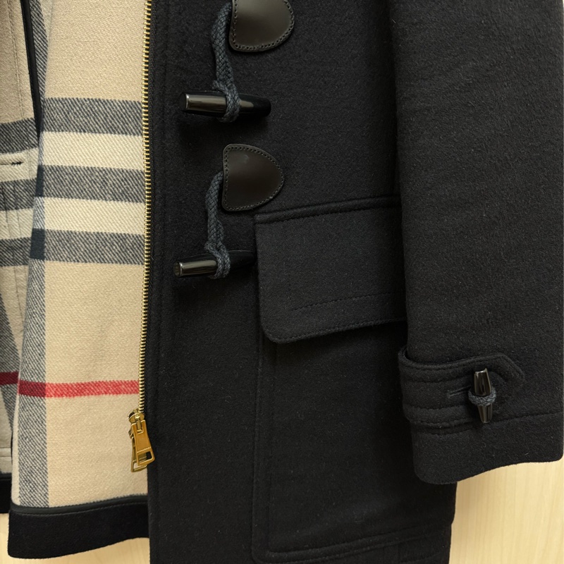 Burberry 經典牛角扣大衣 100% 羊毛連帽黑色外套US4-12