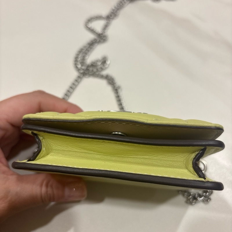 【COACH】萊姆綠絎縫菱格紋全皮鍊帶頸掛斜背方型卡夾零錢包/斜背包/小廢包-4