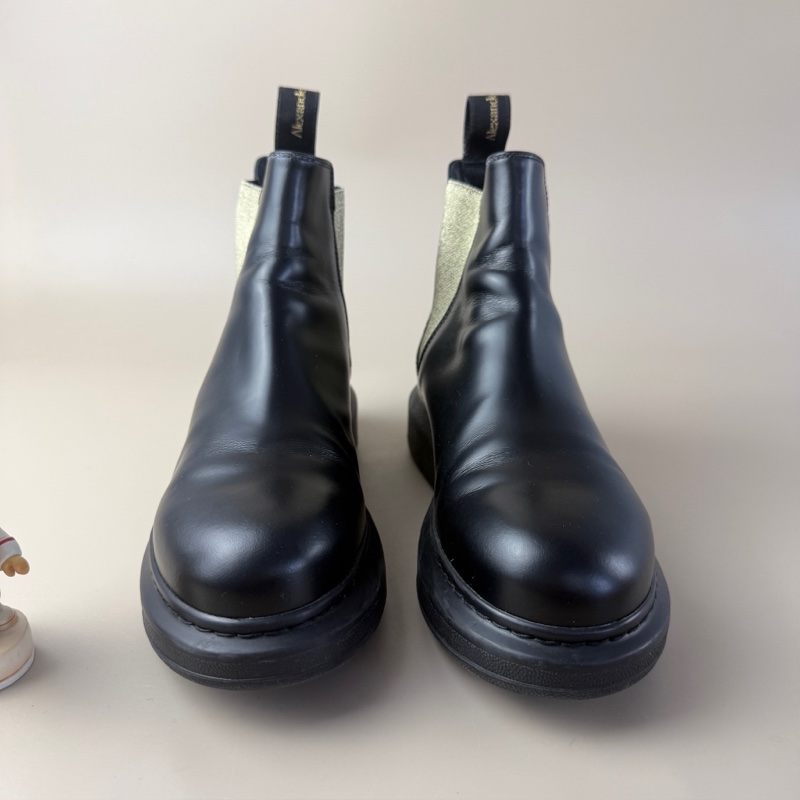 95新Alexander McQueen/麦昆 黑绿绑带厚底短靴 36码-0