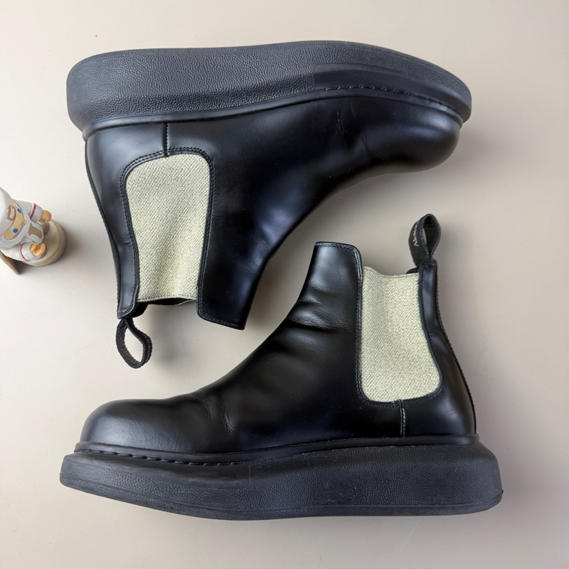 95新Alexander McQueen/麦昆 黑绿绑带厚底短靴 36码-3