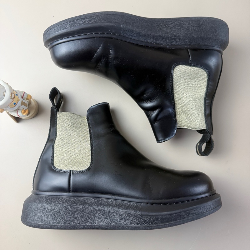 95新Alexander McQueen/麦昆 黑绿绑带厚底短靴 36码-4