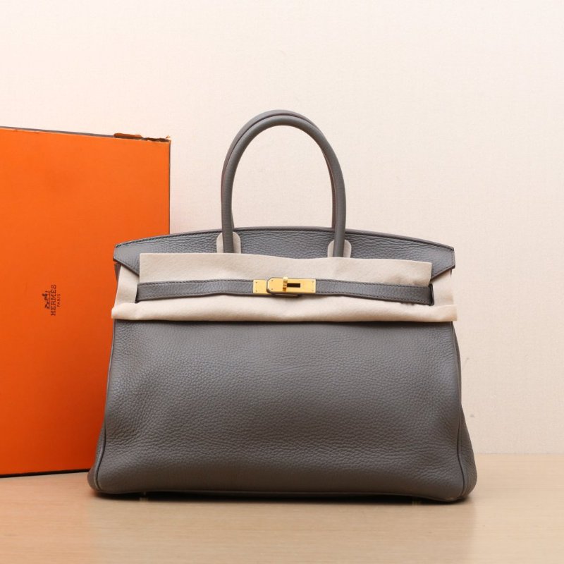 HERMES Birkin358F錫器灰Togo皮框P金扣肩背包-0
